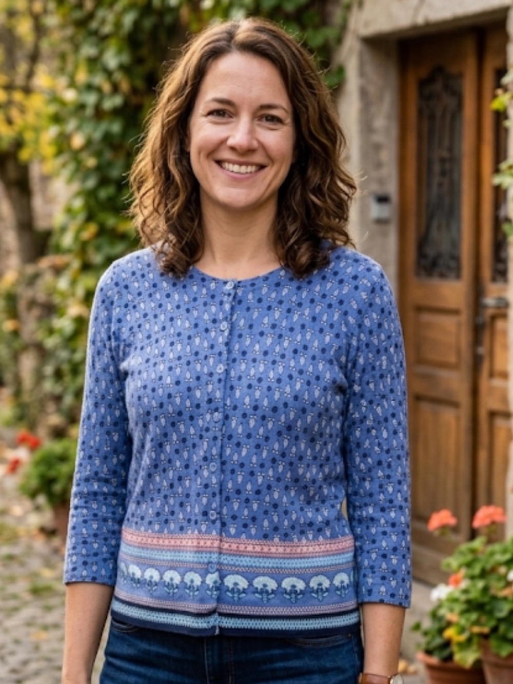 Garnet Hill Patterned Blue Lightweight Cardigan 100% Merino Wool 3/4 Sleeves
